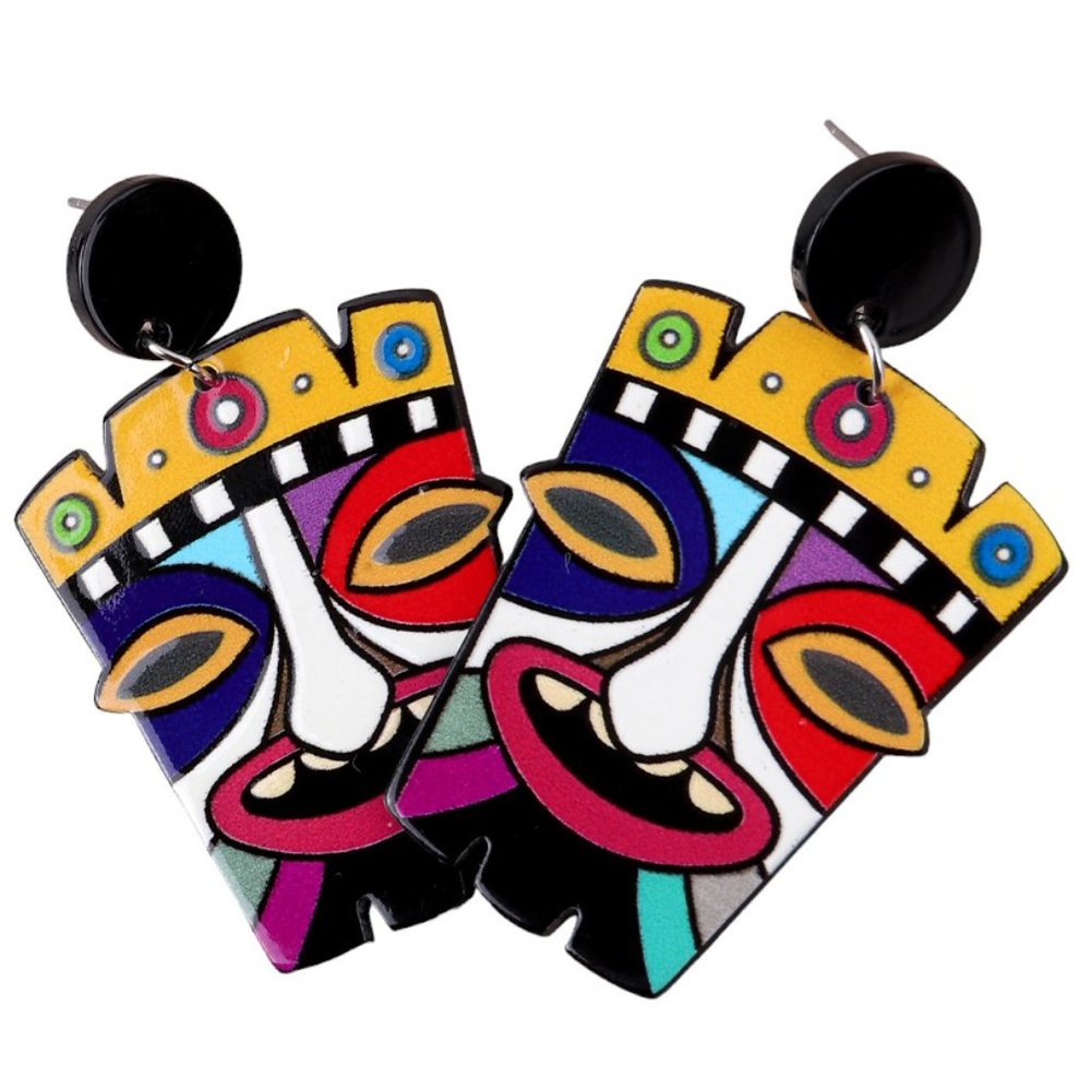 Large Big Colourful Hawaiian Tiki Mask Statement Earrings Multi Coloured